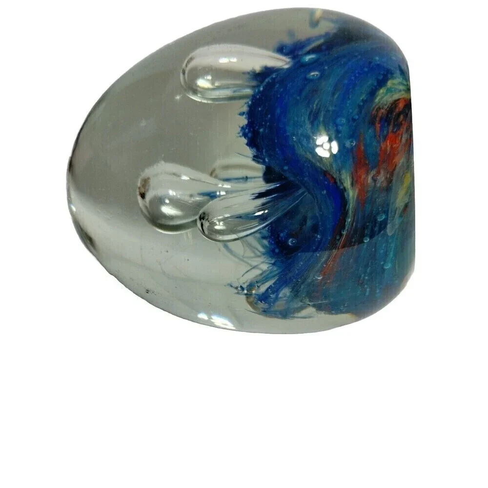Blue Egg Shape Art Glass Paperweight Controlled Bubbles Design‎ Handcrafted